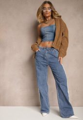 Niebieskie Szerokie Jeansy z Gumką w Talii Zdobione Lampasami Nusiela. Niebieskie jeansy Renee, l, z aplikacjami, z jeansu, eleganckie. W wyprzedaży za 107.99 zł.