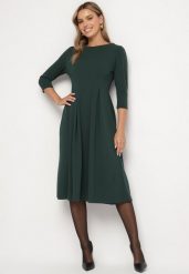 Ciemnozielona Rozkloszowana Sukienka Ozdobiona Przeszyciami Reamira. Zielone sukienki Born2be, na co dzień, s, bez wzorów, eleganckie, bez kołnierzyka, bez ramiączek, midi, rozkloszowane. W wyprzedaży za 93.49 zł.