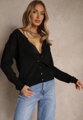 Czarny Rozpinany Kardigan z Wiskozą Parvanis. Czarne swetry Renee, s, z aplikacjami, z jeansu, eleganckie, bez ramiączek. W wyprzedaży za 83.99 zł.