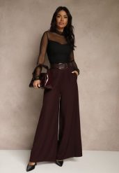 Bordowe Szerokie Garniturowe Spodnie z Bawełny High Waist Ozdobione Paskiem Tusneva. Czerwone jeansy Renee, l, bez wzorów, z bawełny, eleganckie, z podwyższonym stanem. Za 129.99 zł.