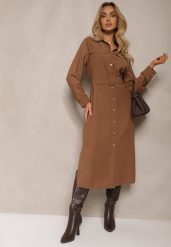 Brązowa Sukienka Koszulowa o Rozkloszowanym Kroju z Paskiem i Kieszeniami z Klapami Rinnisa. Brązowe sukienki Renee, na imprezę, s, bez wzorów, eleganckie, bez kołnierzyka, bez ramiączek, midi, koszulowe. W wyprzedaży za 90.99 zł.