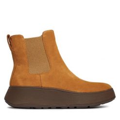 Sztyblety FitFlop. Brązowe botki FitFlop, bez wzorów, bez obcasa, na płaskiej podeszwie, bez zapięcia. Za 479.99 zł.