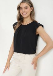 Czarna Bluzka Zapinana z Tyłu na Guzik z Falbankami Janacekia. Czarne bluzki Born2be, l, bez wzorów, z jeansu, eleganckie, bez kołnierzyka, bez ramiączek. Za 69.99 zł.