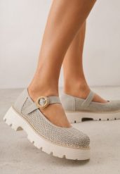 Zielone Skórzane Półbuty Mary Jane w Stylu Chunky Zdobione Plecionką Morxina. Zielone półbuty wsuwane Renee, z aplikacjami, z jeansu, retro, bez obcasa. Za 79.99 zł.