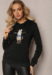 Czarna Ocieplana Bluza z Ozdobnym Nadrukiem i Kapturem Hitee. Czarne bluzy Renee, l, z aplikacjami, z dzianiny, casualowe, bez ramiączek, z kapturem. W wyprzedaży za 71.99 zł.