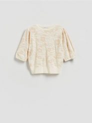 Bluzka z ozdobnym wzorem - kremowy. Białe bluzki Reserved, l, bez wzorów, z dzianiny, klasyczne, bez kołnierzyka, bez ramiączek. Za 109.99 zł.