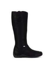 Rieker Kozaki 79953-00 Czarny. Czarne kozaki Rieker, bez wzorów, z materiału, bez obcasa, na płaskiej podeszwie, bez zapięcia. Za 299.99 zł.