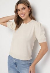 Beżowa Bluzka Sweterkowa z Lekko Bufiastymi Rękawami z Wiskozą Adeva. Brązowe bluzki Born2be, m, bez wzorów, z jeansu, eleganckie, bez kołnierzyka, bez ramiączek. Za 89.99 zł.