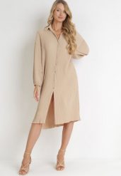 Beżowa Koszulowa Sukienka Midi z Plisowanej Tkaniny z Guzikami Safira. Brązowe sukienki Born2be, bez wzorów, z tkaniny, bez kołnierzyka, bez ramiączek, midi, koszulowe. Za 64.99 zł.