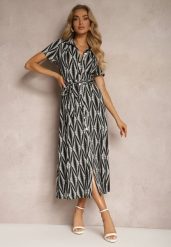Czarna Koszulowa Sukienka z Materiałowym Paskiem i Guzikami z Geometrycznym Printem Usklea. Czarne sukienki Renee, l, bez wzorów, z dzianiny, bez kołnierzyka, bez ramiączek, maxi, koszulowe. W wyprzedaży za 143.99 zł.