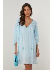 Le Monde du Lin Sukienka w kolorze błękitnym rozmiar: 38/40. Niebieskie sukienki Le Monde du Lin, bez wzorów, z bawełny, klasyczne, bez kołnierzyka, bez ramiączek, mini. Za 122.38 zł.