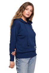 Sweter z Kapturem w Formie Bluzy - Granatowy. Niebieskie swetry MOE, l, bez wzorów, z bawełny, bez ramiączek. Za 238.90 zł.