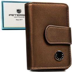 Portfel damski ze skóry naturalnej i ekologicznej w brązowym kolorze, wyposażony w system RFID - Peterson. Brązowe portfele Peterson, bez wzorów, ze skóry. Za 119.99 zł.