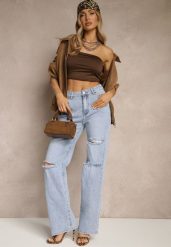 Niebieskie Szerokie Jeansy High Waist z Ozdobnymi Przetarciami Feleldi. Niebieskie jeansy Renee, l, bez wzorów, z jeansu, eleganckie, z podwyższonym stanem. W wyprzedaży za 107.99 zł.