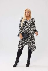 Wiskozowa tunika Molly w czarno-biały wzór OVERSIZE PLUS SIZE XXL JESIEŃ. Białe tuniki Moda Size Plus Iwanek, l, bez wzorów, z jeansu, biznesowe, z asymetrycznym kołnierzem, bez ramiączek. Za 199.90 zł.