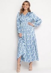 Niebiesko-Biała Satynowa Sukienka Maxi Ozdobiona Wzorem Paisley z Gumką w Pasie Wirlena. Niebieskie sukienki Born2be, l, bez wzorów, z satyny, bez kołnierzyka, bez ramiączek, maxi. W wyprzedaży za 132.99 zł.