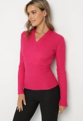 Fuksjowy Dopasowany Sweter w Prążki z Kopertowym Dekoltem Masasani. Czerwone swetry Born2be, s, bez wzorów, z bawełny, bez ramiączek. Za 39.99 zł.