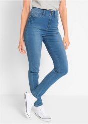 Dżinsy o kroju slim fit, z dużą zawartością stretchu, high waist. Niebieskie jeansy bonprix, bez wzorów, z jeansu, z podwyższonym stanem. Za 139.99 zł.
