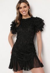 Czarna Sukienka Mini z Koronkowymi Wstawkami i Falbankami Soffiana. Czarne sukienki Born2be, na imprezę, l, bez wzorów, z koronki, eleganckie, bez kołnierzyka, bez ramiączek, mini. W wyprzedaży za 144.49 zł.