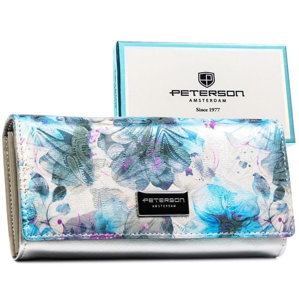 Elegancki, wielokolorowy portfel ze skóry ekologicznej i naturalnej zamykany zatrzaskiem PTN PX24-1-NPK Peterson. Niebieskie portfele bez wzorów, ze skóry ekologicznej. Za 119.99 zł.