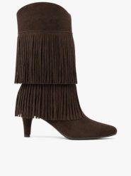 Ciemnobrązowe kozaki z frędzlami. Brązowe kozaki Ryłko, bez wzorów, ze skóry, boho, bez obcasa, na szpilce, bez zapięcia. Za 699.99 zł.
