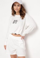 Biały 2-Częściowy Komplet Dresowy Bluza z Nadrukiem i Luźne Szorty z Kieszeniami Ridana. Białe bluzy Born2be, bez wzorów, z dresówki. W wyprzedaży za 42.49 zł.