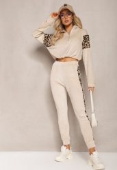 Beżowy Komplet Dresowy z Weluru z Krótką Bluzą i Spodniami Joggerami z Panterkowym Wzorem Limitta. Brązowe bluzy Renee, m, bez wzorów, z dresówki, bez ramiączek, bez kaptura. W wyprzedaży za 63.99 zł.