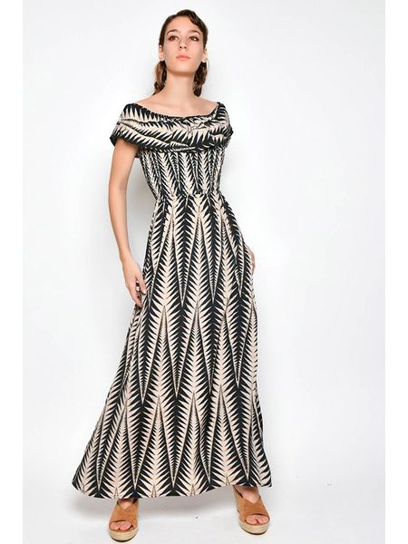 H.H.G. Sukienka w kolorze czarno-beżowym rozmiar: M. Brązowe sukienki H.H.G., m, bez wzorów, bez kołnierzyka, bez ramiączek, maxi. Za 79.21 zł.