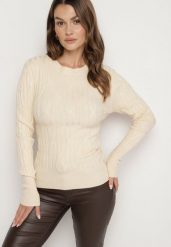 Beżowy Sweter z Wiskozą Ozdobiony Tłoczeniem Savinia. Brązowe swetry Born2be, bez wzorów, z jeansu, biznesowe, bez ramiączek. W wyprzedaży za 93.49 zł.