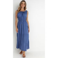 Niebieska Sukienka Abill. Niebieskie sukienki Born2be, l, bez wzorów, boho, bez kołnierzyka, bez ramiączek, maxi. W wyprzedaży za 84.99 zł.