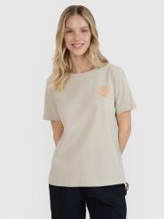 4F T-shirt oversize z nadrukiem damski - beżowy M. Brązowe t-shirty 4f, m, bez wzorów, z bawełny, klasyczne, bez kołnierzyka, bez ramiączek. W wyprzedaży za 49.99 zł.