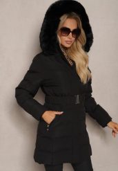 Czarna Kurtka z Kapturem i Paskiem Ozdobiona Futerkiem i Pikowaniem Dailrnne. Czarne kurtki Renee, l, bez wzorów, z futra, eleganckie, z kapturem. W wyprzedaży za 164.49 zł.