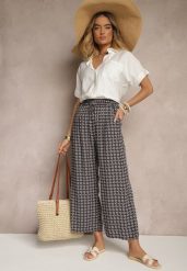 Ciemnozielone Spodnie o Szerokim Kroju High Waist z Geometrycznym Wzorem Farisia. Zielone jeansy Renee, l, bez wzorów, z bawełny, eleganckie, z podwyższonym stanem. W wyprzedaży za 20.99 zł.