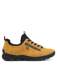 Rieker Półbuty 55073-68 Żółty. Żółte półbuty wsuwane Rieker, bez wzorów, z materiału, bez obcasa, na płaskiej podeszwie. Za 349.99 zł.