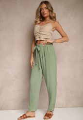 Zielone Spodnie High Waist Ozdobione Wiązanym Paskiem Araleira. Zielone jeansy Renee, bez wzorów, z jeansu, z podwyższonym stanem, długie. W wyprzedaży za 29.99 zł.