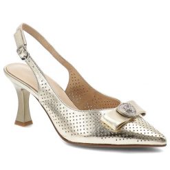 Czółenka damskie S.Barski, cholewka ze skóry naturalnej z odkrytą piętą na smukłym obcasie z ażurową cholewką i elegancką kokardą, złote, CR61-3119. Żółte czółenka S.BARSKI, w ażurowe wzory, ze skóry, eleganckie, bez obcasa, bez zapięcia. Za 389.00 zł.