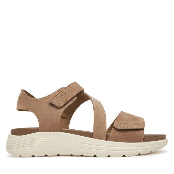 Sandały Tamaris. Brązowe sandały Tamaris, bez wzorów, bez obcasa, na koturnie, bez zapięcia. Za 218.99 zł.