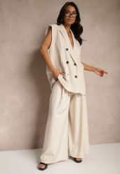 Beżowe Eleganckie Spodnie Palazzo z Szerokimi Nogawkami Adivisa. Brązowe jeansy Renee, bez wzorów, z jeansu, eleganckie, z podwyższonym stanem. W wyprzedaży za 67.99 zł.