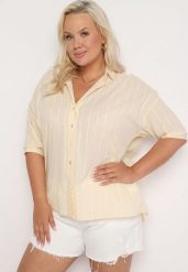 Beżowa Koszula z Bawełny Zapinana na Guziki w Pionowe Paski Tinariss. Brązowe koszule Born2be, plus size, bez wzorów, z bawełny, klasyczne, bez kołnierzyka, plus size, bez ramiączek. Za 99.99 zł.