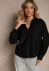 Czarna Koszula o Kroju Oversize z Podpinanymi Rękawami Jenitta. Czarne koszule Renee, m, bez wzorów, z jeansu, eleganckie, bez kołnierzyka, bez ramiączek. W wyprzedaży za 41.99 zł.