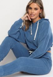 Granatowy Komplet Dresowy z Bawełną Krótka Bluza z Kapturem i Spodnie z Gumką w Pasie Gesaria. Niebieskie bluzy Born2be, l, bez wzorów, z bawełny, bez ramiączek, z kapturem. W wyprzedaży za 127.49 zł.