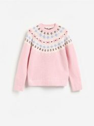 Wełniany sweter - pastelowy róż. Czerwone swetry Reserved, l, bez wzorów, z wełny, bez ramiączek. Za 259.99 zł.
