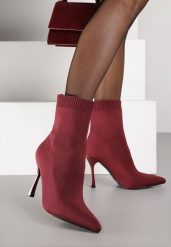Bordowe Botki na Szpilce Vices z Elastyczną Cholewką Nallafia. Czerwone botki Renee, bez wzorów, glamour, bez obcasa, na obcasie, bez zapięcia. Za 139.99 zł.