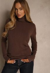 Brązowy Golf Sweter o Dopasowanym Kroju z Kaszmirem Zairith. Brązowe swetry Renee, z aplikacjami, z jeansu, biznesowe, bez ramiączek. Za 89.99 zł.