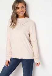 Jasnobeżowy Sweter z Bawełną i Ozdobnym Haftowaniem oraz Guzikami Merissan. Brązowe swetry Born2be, na zimę, bez wzorów, z bawełny, bez ramiączek. W wyprzedaży za 59.49 zł.