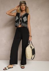 Czarne Spodnie z Wiskozy High Waist o Szerokim Kroju Avelozi. Czarne jeansy Renee, l, bez wzorów, z jeansu, eleganckie, z podwyższonym stanem. W wyprzedaży za 39.99 zł.