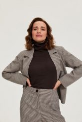 Jednorzędowa marynarka w kratkę beżowa. Brązowe marynarki i żakiety MOODO, l, bez wzorów, z elastanu, bez ramiączek. Za 199.99 zł.