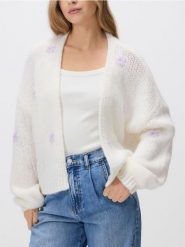 Kardigan z haftem - kremowy. Białe swetry Reserved, l, bez wzorów, z dzianiny, bez ramiączek. Za 139.99 zł.