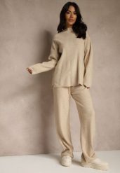 Jasnobeżowy Komplet Oversize z Dzianiny z Wełną Sweter i Szerokie Spodnie Alenria. Brązowe swetry Renee, l, bez wzorów, z dzianiny, eleganckie, bez ramiączek. Za 139.99 zł.