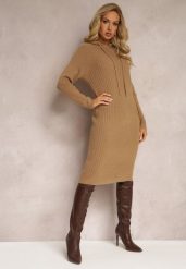 Ciemnobeżowa Wełniana Sukienka w Prążki z Kapturem Opiuda. Brązowe sukienki Renee, na co dzień, bez wzorów, z wełny, eleganckie, bez kołnierzyka, bez ramiączek, midi, sportowe. W wyprzedaży za 95.99 zł.